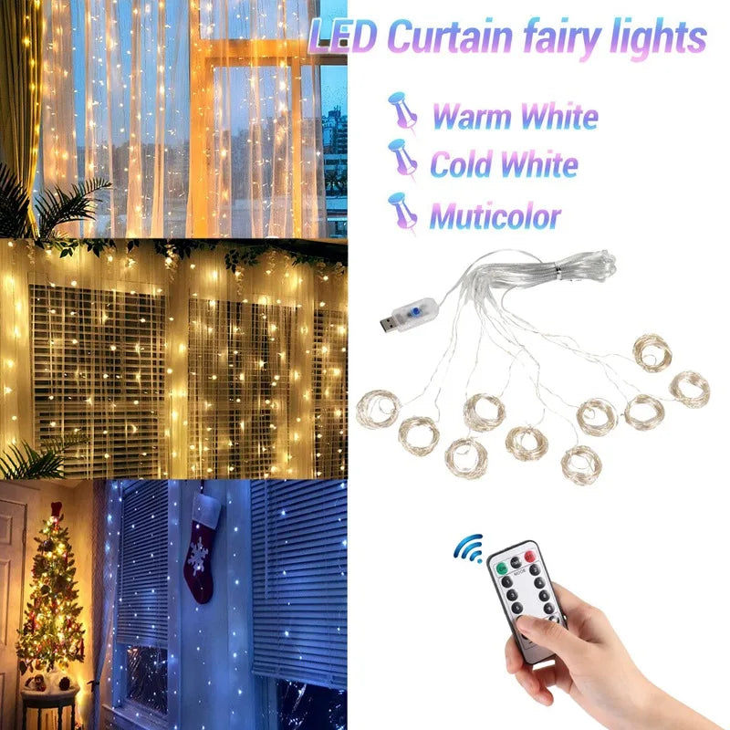 Christmas Lights Curtain Garland Merry Christmas